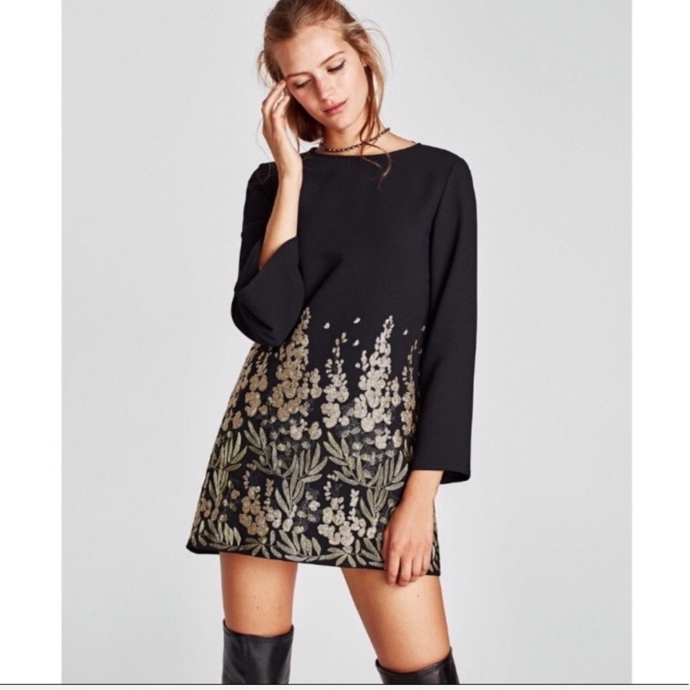 Zara Black Mini Dress With Gold Embellishments